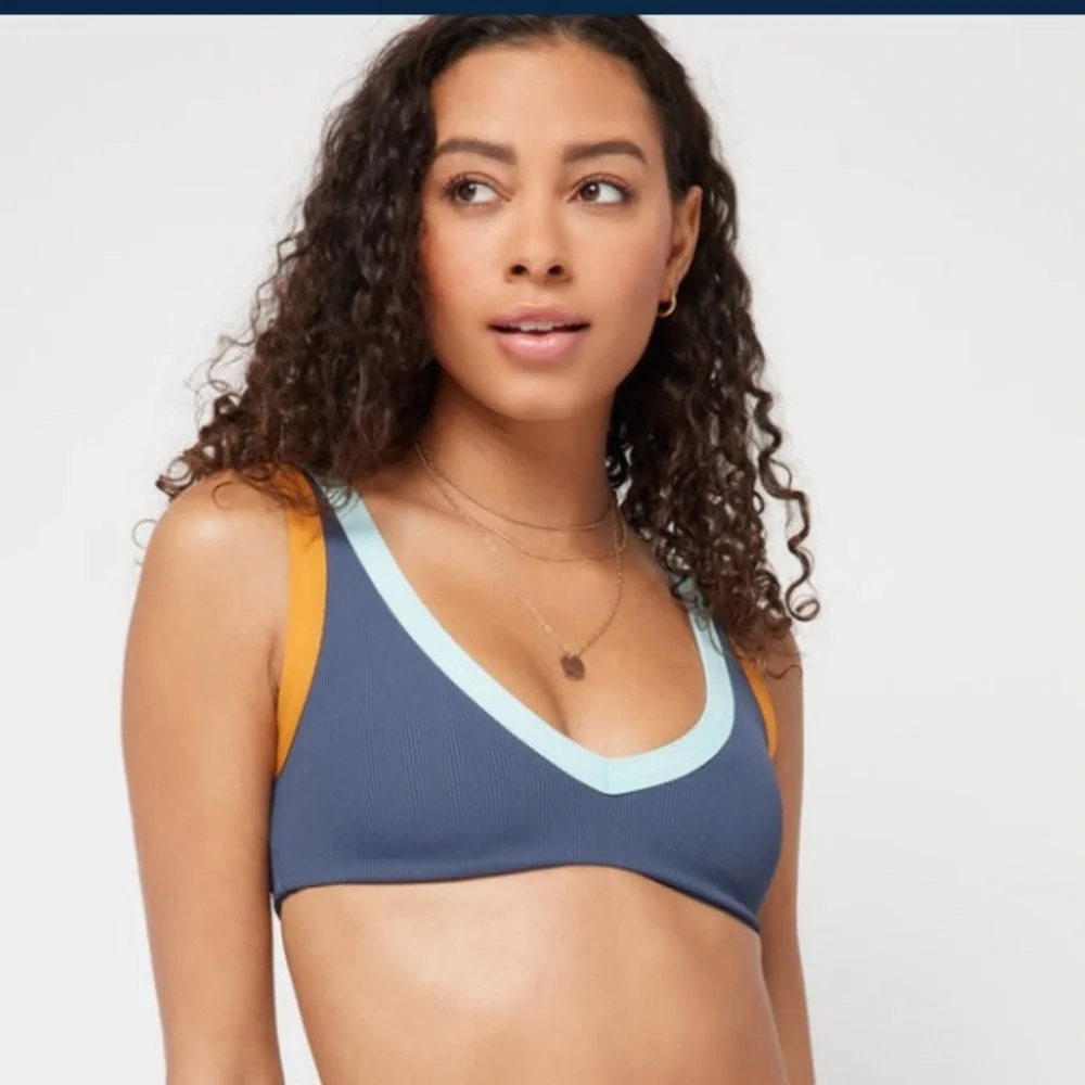 L*Space LaLa Ribbed Pullover Bikini Top in Slate, Light Blue Trim, X-Large, NWT
